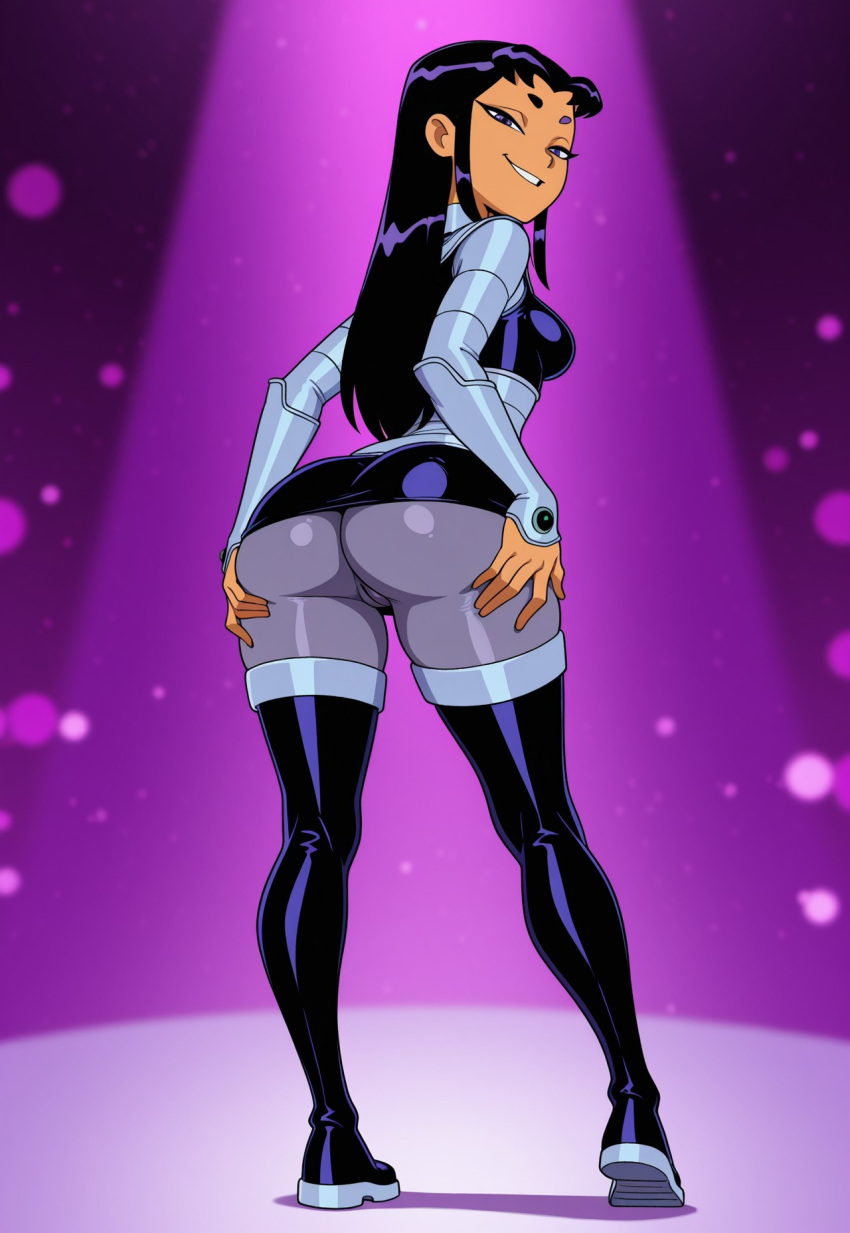 ai_generated armor ass ass_focus ass_grab black_hair blackfire bubble_ass bubble_butt curvy naughty_face older older_female pussy skirt slut teen_titans thigh_high_boots young_adult young_adult_female young_adult_woman
