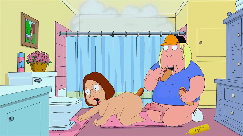 all_fours anal_insertion ass breasts brother_and_sister chris_griffin erect_penis family_guy glasses hotdog huge_penis incest meg_griffin thighs