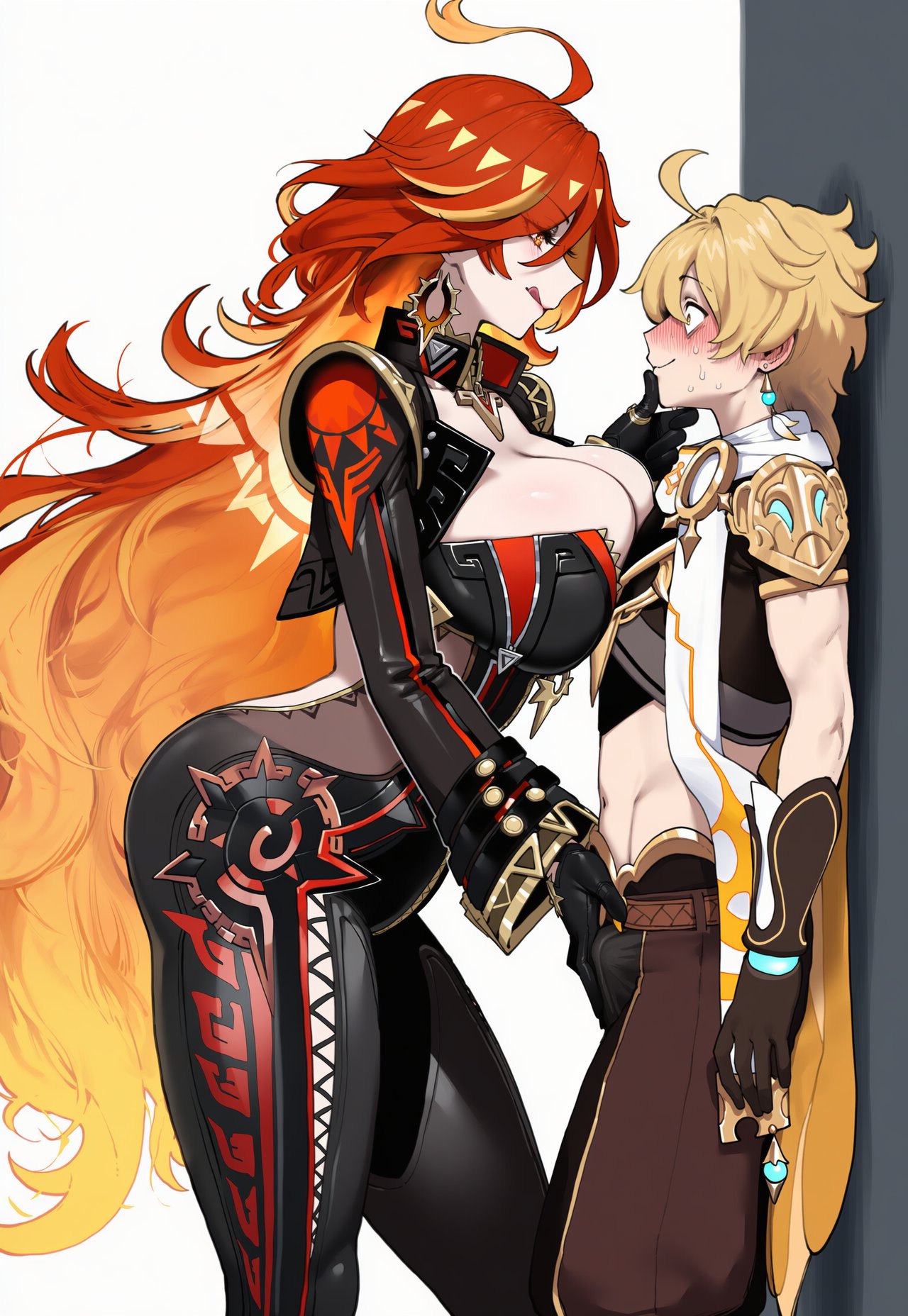 1boy 1girl aether_(genshin_impact) ai_generated assertive_female big_breasts biker_clothes bikesuit black_bodysuit blonde_hair blush bodysuit breasts earrings genshin_impact high_res jewelry long_hair male mavuika_(genshin_impact) multicolored_hair orange_hair red_hair tall_female truck-kun_art two-tone_hair