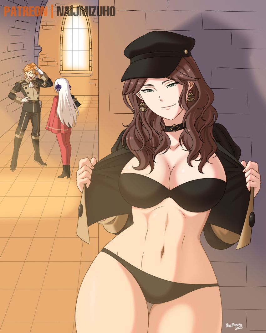 1boy 2girls alluring background big_breasts black_bra black_panties bra brown_hair choker dorothea_arnault earrings edelgard_von_hresvelg exhibitionism exhibitionist female_focus ferdinand_von_aegir fire_emblem fire_emblem:_three_houses garreg_mach_monastery garreg_mach_monastery_uniform green_eyes hat intelligent_systems lingerie looking_at_viewer naijmizuho nintendo panties pov smiling_at_viewer smirking tagme thong