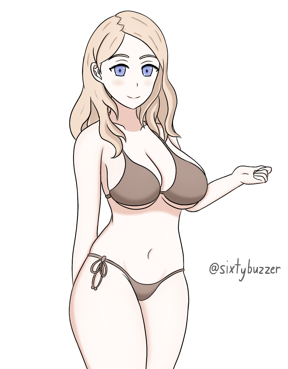 1girl 1girl 1girl alluring alternate_costume alternate_hairstyle bare_thighs big_breasts bikini blonde_hair blue_eyes brown_bikini brown_swimsuit cleavage female_only fire_emblem fire_emblem:_three_houses fire_emblem_warriors:_three_hopes intelligent_systems looking_at_viewer medium_hair mercedes_von_martritz nintendo official_alternate_hairstyle sixtybuzzer smile swimsuit thighs under_boob