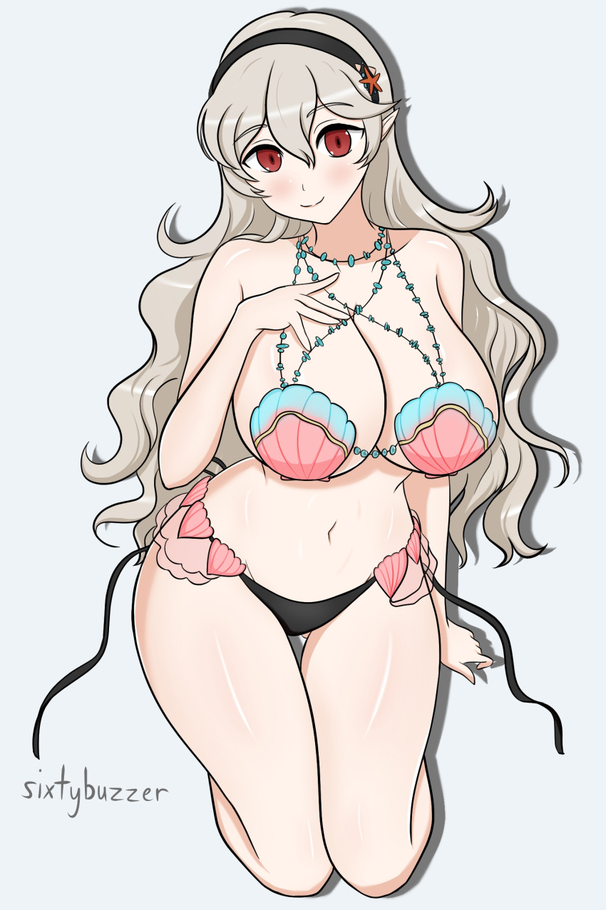 1girl 1girl 1girls= alluring alternate_costume big_breasts bikini black_bikini_bottom black_headwear blush clam_shell cleavage corrin_(fire_emblem) corrin_(fire_emblem)_(female) corrin_(summer)_(fire_emblem)_(female) dragon_girl female_only fire_emblem fire_emblem_cipher fire_emblem_fates fire_emblem_warriors groin hand_on_breasts hand_on_own_chest happy headband high_res intelligent_systems light_blush long_hair looking_at_viewer navel nintendo official_alternate_costume red_eyes shell shell_bikini shiny_skin sixtybuzzer smile starfish starfish_hair_ornament swimsuit thighs wavy_hair wide_hips