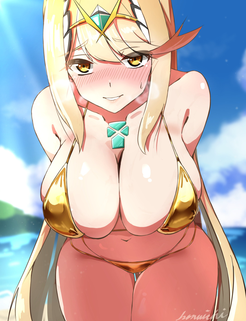 1girl 1girl absurd_res alluring beach big_breasts bikini blonde_hair blue_sky blush cleavage commentary_request core_crystal_(xenoblade) gold_bikini high_res kanuici336 long_hair looking_at_viewer mythra_(xenoblade) navel ocean outside parted_lips shiny_skin signature sky swept_bangs swimsuit thigh_gap tiara very_long_hair xenoblade_(series) xenoblade_chronicles_2 yellow_eyes