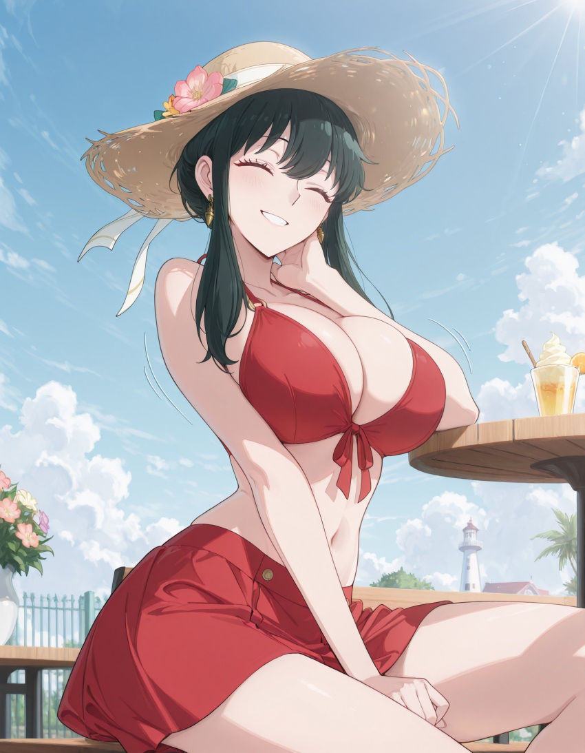 1girl 1girl ai_generated big_breasts bikini black_hair breasts closed_eyes navel smile spy_x_family swimsuit yor_briar yor_forger