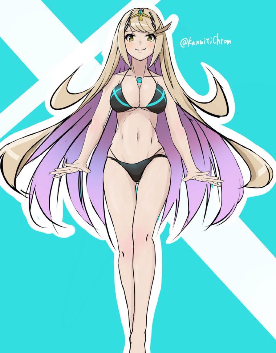 1girl 1girl alluring big_breasts bikini bikini_day black_bikini blonde_hair blush chest_jewel cleavage feet_out_of_frame kanuici336 long_hair looking_at_viewer mythra_(xenoblade) smile swept_bangs swimsuit tiara twitter_username very_long_hair xenoblade_(series) xenoblade_chronicles_2