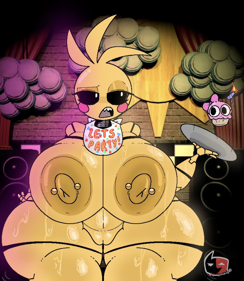 1girl 1girl animatronic animatronic_female big_breasts big_thighs breasts breasts_bigger_than_head breasts_out chicken chicken_girl cupcake_(fnaf) five_nights_at_freddy's five_nights_at_freddy's_2 fnaf lafreakysky nipple_piercing phasianid piercings robot robot_girl scottgames sweaty sweaty_body thick_thighs toy_chica_(fnaf) yellow yellow_body