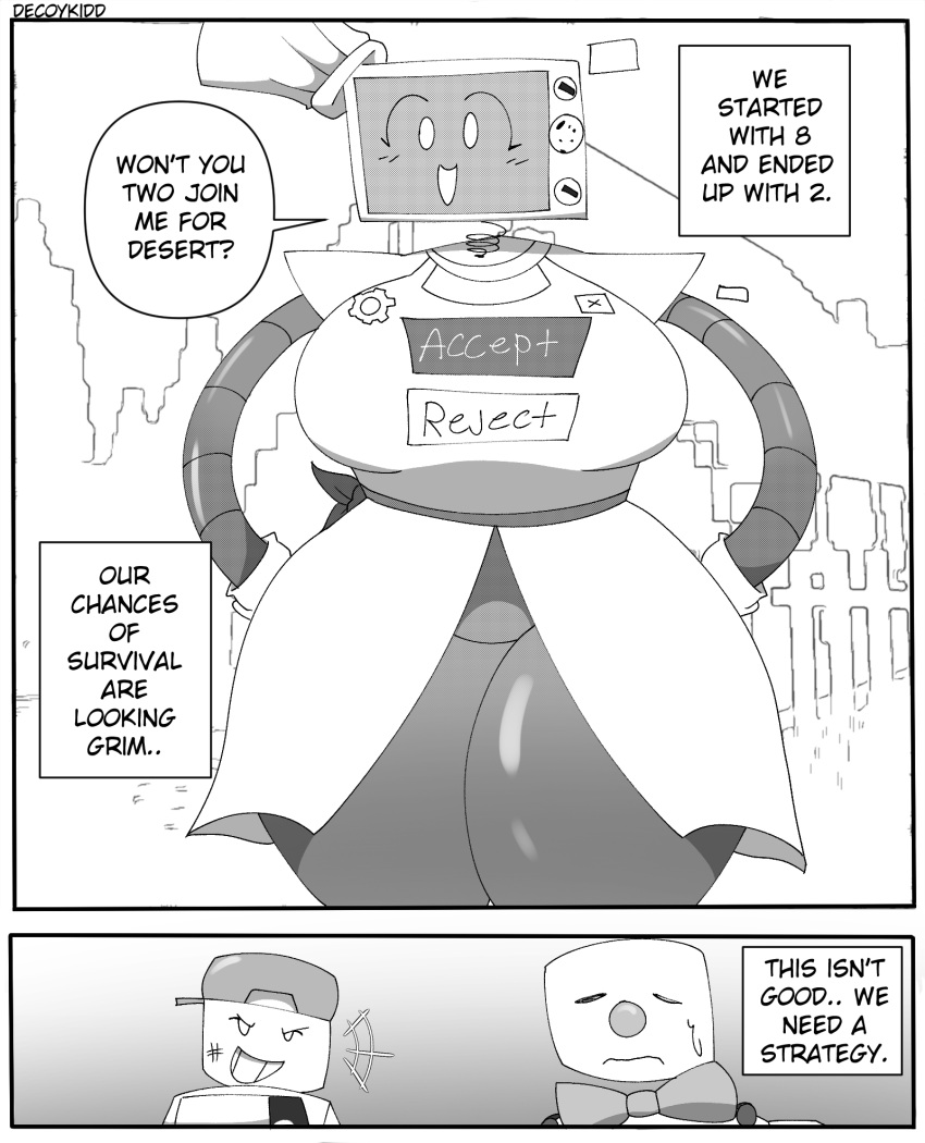 1girl 2025 apron banana_peel_(die_of_death) big_breasts blush_lines chef_hat civilian_(die_of_death) clothing coils comic cookie cookieware curvy decoykidd dialogue die_of_death english_text female_focus gloves hat high_res machine monochrome open_mouth oven roblox roblox_game robot robot_girl robot_humanoid screen_face shiny talking taunt_(die_of_death) text thick_thighs toque toque_blanche voluptuous voluptuous_female white_eyes wide_hips
