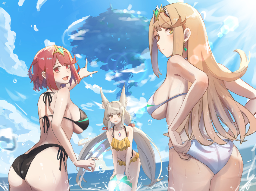 1girl 3_girls absurd_res adjusting_clothes adjusting_swimsuit alluring amausa_subee animal_ear_fluff ass ball beachball big_breasts bikini blue_sky blush bob_cut cloud commentary english_commentary grey_hair high_res in-universe_location long_hair looking_at_viewer looking_back medium_breasts multiple_girls mythra_(xenoblade) nia_(xenoblade) nintendo pointing pyra_(xenoblade) red_eyes red_hair sky smile swimsuit tiara tree very_long_hair wading wet xenoblade_(series) xenoblade_chronicles_2