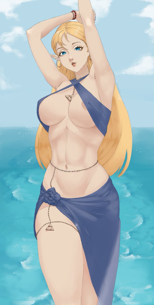 1girl abs alluring athletic_female big_breasts bikini blonde_hair blue_eyes chains cleavage drewnn earrings female_abs fit_female long_hair looking_at_viewer necklace nintendo nipples pin_up pointy_ears pose princess_zelda tagme the_legend_of_zelda the_legend_of_zelda:_tears_of_the_kingdom voluptuous wide_hips
