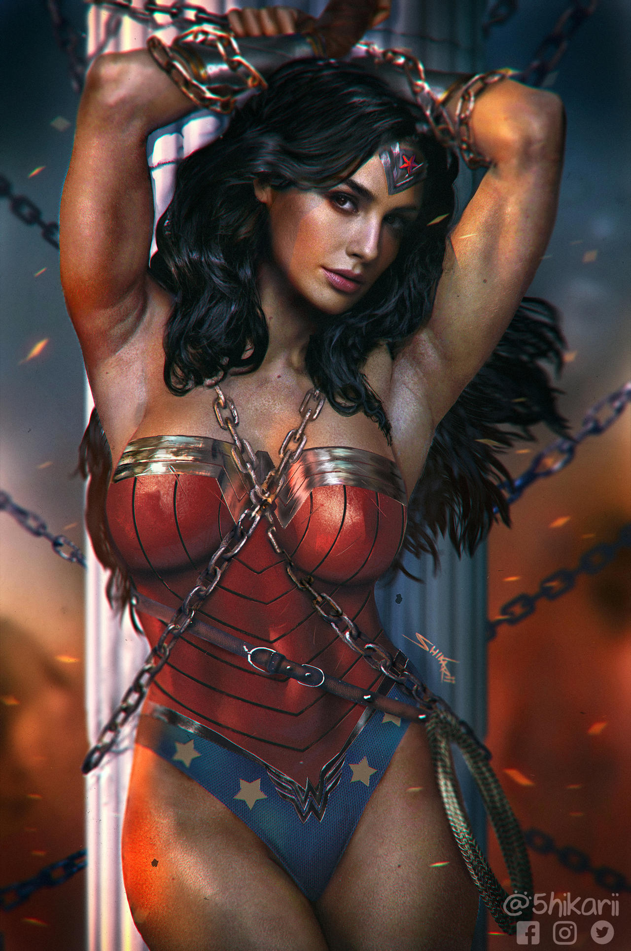 1girl against_pillar amazon armpits arms_up bangs bare_arms bare_legs bare_shoulders big_breasts black_hair black_legwear blue_leotard blurry blurry_background bondage bracer breasts chains closed_mouth dc_comics diana_prince expressionless female_only female_solo floating_hair head_tilt heroine jewelry justice_league justice_league_(2017_film) lasso_of_truth legs legs_together leotard lips lipstick long_hair looking_at_viewer makeup medium_breasts multicolored_clothes multicolored_leotard neck outside parted_bangs pillar pink_lipstick red_leotard red_lipstick rope shikarii standing star star_(symbol) star_print strapless strapless_leotard superheroine themysciran thighs tiara tied_up two-tone_leotard wonder_woman wonder_woman_(2017_film) wonder_woman_(series)