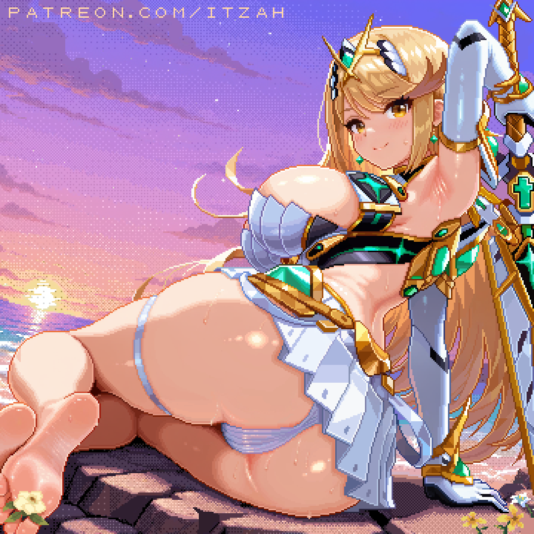 1girl alluring bare_legs big_breasts blonde_hair cleavage dress holding holding_sword holding_weapon itzah long_hair microdress mythra_(xenoblade) nintendo ocean panties pixel_art sunset sword tiara underwear weapon white_dress white_panties xenoblade_(series) xenoblade_chronicles_2 yellow_eyes