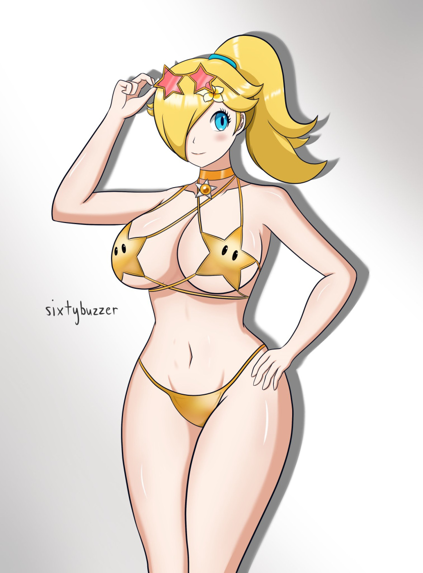 1girl alluring big_breasts bikini blonde_hair blue_eyes female_only hand_on_hip light-skinned_female light_skin mario_(series) nintendo ponytail princess_rosalina rosalina sixtybuzzer star_bikini sunglasses sunglasses_on_head swimsuit tagme