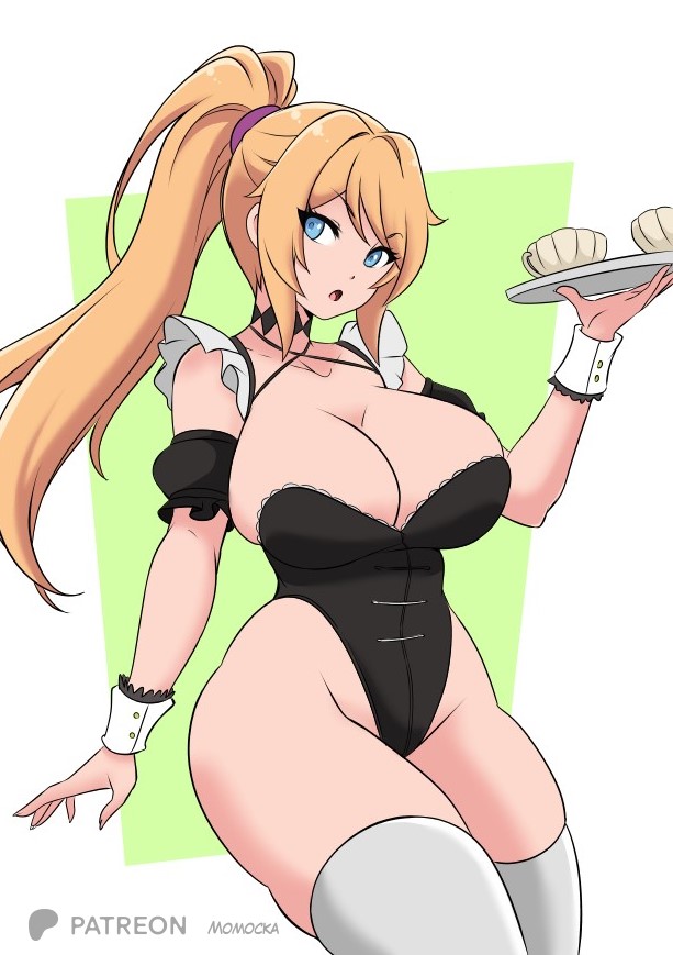1girl alluring big_breasts black_leotard blonde_hair blue_eyes choker cleavage collarbone cup detached_sleeves green_background high_ponytail highleg highleg_leotard holding holding_tray leotard long_hair looking_at_viewer maid metroid momocka-art momocka_art nintendo open_mouth ponytail puffy_sleeves raised_eyebrow samus_aran short_sleeves sidelocks standing stockings teacup thick_thighs thighs tray unconventional_maid waitress white_thighhighs wrist_cuffs