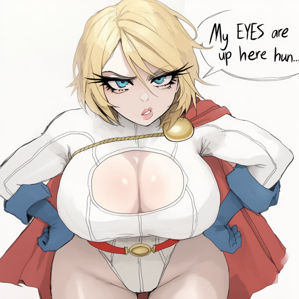 1girl angry belt big_breasts blonde_female blonde_hair blue_eyes blue_gloves breasts cape cleavage cleavage_cutout clothing_cutout dc_comics dcau english_text eyebrows_visible_through_hair eyes_visible_through_hair female_only female_solo gloves hair_between_eyes highleg highleg_leotard huge_breasts justice_league justice_league_unlimited justice_society_of_america lapis_slopzuli lapis_slopzuli_(artist) leaning leaning_forward leotard lips lipstick looking_at_viewer makeup mound_of_venus parted_lips pink_lipstick power_girl red_belt red_cape short_hair simple_background speech_bubble standing superman/batman:_public_enemies talking text white_background white_leotard