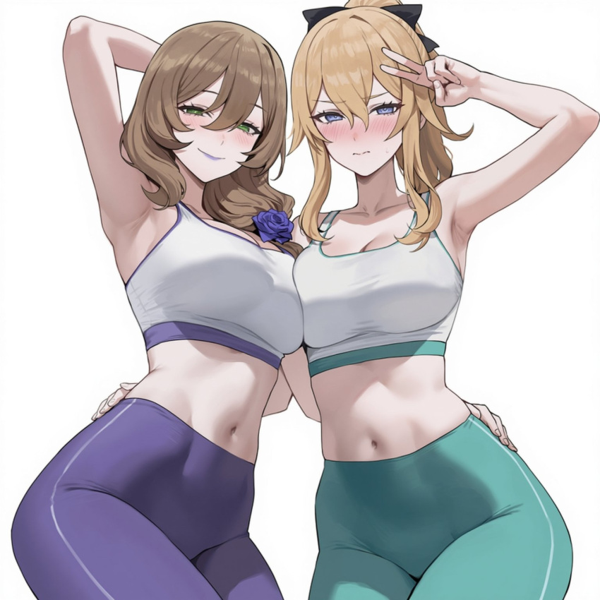 2_girls ai_assisted ai_generated armpits big_breasts blonde_hair blush breasts collarbone embarrassed genshin_impact hips jean_gunnhildr light-skinned_female light_skin lisa_(genshin_impact) looking_at_viewer navel peace_sign posing posing_for_the_viewer smile truck-kun_art v white_background wide_hips