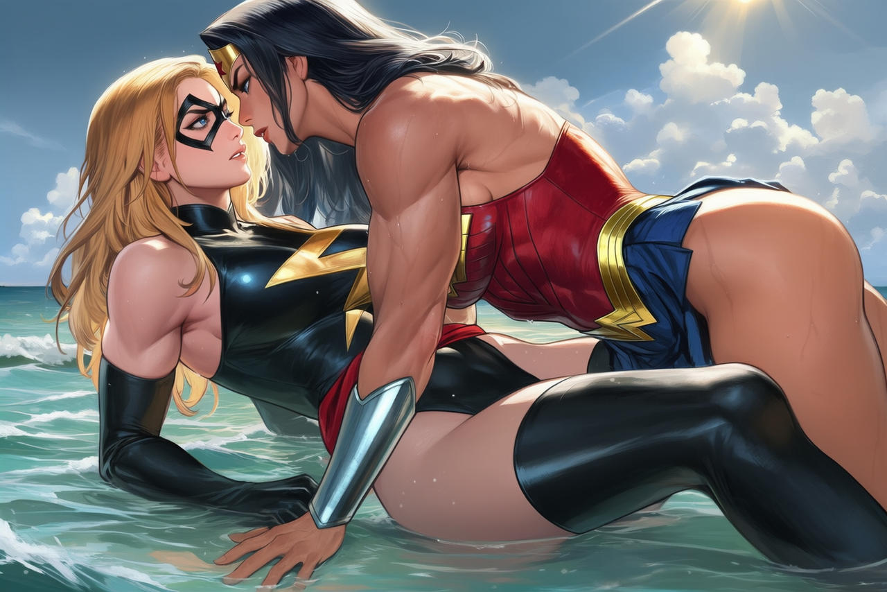 2_girls all_fours amazon angry arm_support armpits avengers back bangs bare_arms bare_back bare_legs bare_shoulders beach big_breasts black_gloves black_hair black_leotard black_mask black_thighhighs blonde_female blonde_hair blue_eyes blue_skirt bracer breasts carol_danvers carolaran carolaran_(artist) clenched_hand cloud couple crossover day dc_comics dcau diana_prince domino_mask duo elbow_gloves eye_contact female/female female_only girl_on_top gloves half-closed_eyes heroine highleg highleg_leotard incipient_kiss jewelry justice_league justice_league_unlimited legs legwear_under_shorts leotard lightning_print lips lipstick long_hair looking_at_another love makeup marvel marvel_comics mask miniskirt ms._marvel ms._marvel_(carol_danvers) multiple_girls muscle muscular muscular_female mutual_yuri neck ocean outside parted_bangs parted_lips pink_lipstick pleated_skirt red_lipstick red_tubetop romantic romantic_couple serious skin_tight skirt sky sleeveless sleeveless_leotard sleeveless_turtleneck stockings straight_hair strapless sun sunlight superhero_costume superheroine themysciran thighs thunder_print tiara tubetop turtleneck turtleneck_leotard water wet wet_clothes wonder_woman wonder_woman_(series) yuri