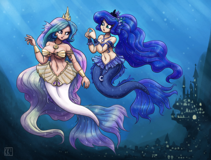 2020 2girls armlet armor bare_shoulders big_breasts blue_body blue_hair blue_scales blue_tail bra bracers breasts city city_background clothing crown duo ear_fins female fin friendship_is_magic hair hasbro headgear high_res humanoid_merfolk jewelry king-kakapo long_hair marine merfolk mermay multicolored_hair my_little_pony necklace ocean_floor princess_celestia princess_celestia_(mlp) princess_luna princess_luna_(mlp) scales seashell_bra sibling_(lore) sister_(lore) sisters_(lore) split_form strapless_bra strapless_clothing strapless_underwear swimming tail underwater underwater_city underwear water white_body white_scales white_tail