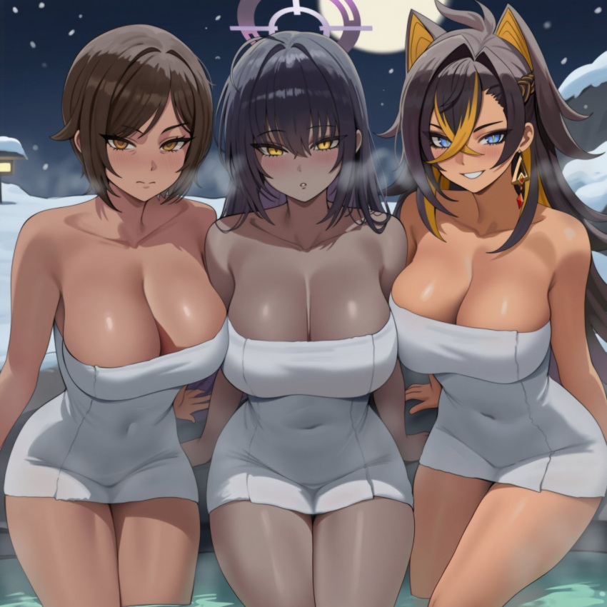 3_girls ai_assisted ai_generated animal_ears big_breasts blue_archive blush breasts collarbone crossover dark-skinned_female dark_skin dehya_(genshin_impact) genshin_impact halo hips hot_spring karin_(blue_archive) limbus_company long_hair looking_at_viewer multicolored_hair multiple_girls navel outis_(limbus_company) smile steam steamy_breath thick_thighs thighs towel truck-kun_art wide_hips