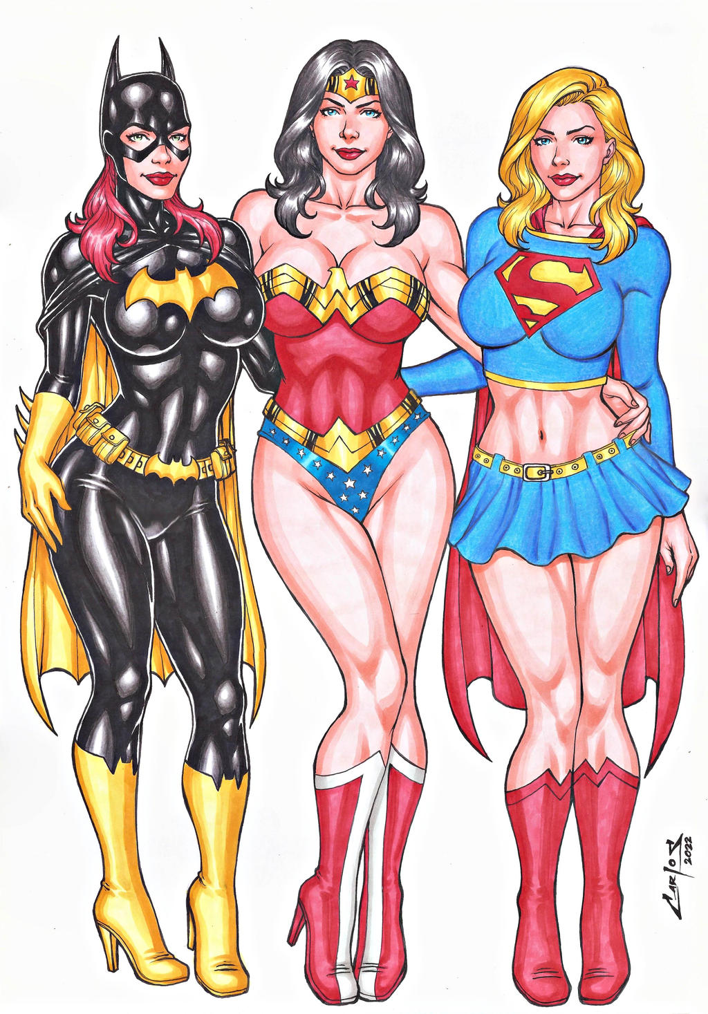 3_girls amazon arm_at_side arm_behind_back bangs barbara_gordon bare_arms bare_legs bare_shoulders batgirl batman_(series) belt big_breasts black_bodysuit black_hair black_mask blonde_female blonde_hair blue_eyes blue_leotard blue_shirt blue_skirt bodysuit boots breasts cape carlos_braga cleavage closed_mouth collarbone dc_comics dcau diana_prince female_only footwear friends full_body green_eyes heroine high_heel_boots high_heels jewelry justice_league justice_league_unlimited kara_zor-el kryptonian legs legs_together leotard lips lipstick long_hair long_sleeves looking_at_viewer makeup mask midriff miniskirt multicolored_clothes multicolored_leotard multiple_girls naughty_face navel neck parted_bangs pleated_skirt red_boots red_cape red_footwear red_hair red_high_heel_boots red_high_heels red_leotard red_lipstick shirt simple_background skin_tight skirt smile standing star star_(symbol) star_print strapless strapless_leotard supergirl supergirl_(series) superhero_costume superheroine superman_(series) swept_bangs themysciran thighs tiara trio two-tone_bodysuit white_background wonder_woman wonder_woman_(series) yellow_belt yellow_boots yellow_cape yellow_footwear yellow_high_heel_boots yellow_high_heels