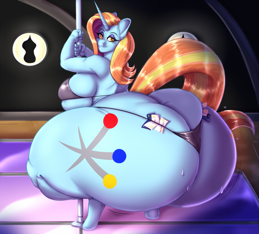anthro big_breasts blue_skin blues64 butt_expansion dat_ass dumptruck_ass gigantic_ass horn looking_back mr.pink my_little_pony pole pole_dancing sassy_saddles_(mlp) sweat tail