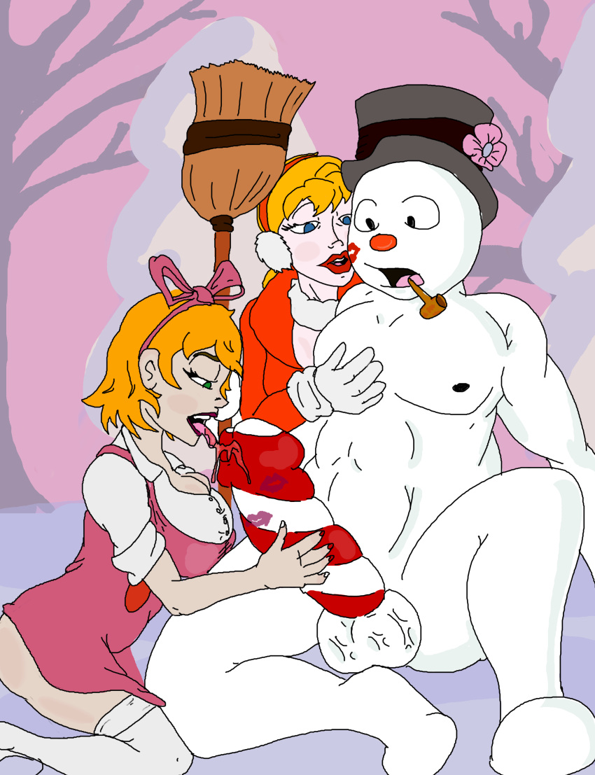 1boy 1girl 2_girls aged_up balls bench black_eyes blonde_hair breasts candy_cane duo earmuffs elemental_creature elemental_humanoid frosty_the_snowman frosty_the_snowman_(character) frosty_the_snowman_(series) genitals hair hat high_res human human_on_humanoid human_penetrated humanoid humanoid_penetrating humanoid_penetrating_human interspecies jacket karen's_classmate karen_(frosty) karen_(frosty_the_snowman) kissing licking_penis looking_back male male/female mammal mineral_fauna mineral_humanoid not_furry outside penetration penis ponytail purple_penis pussy red_jacket red_nose scarf sideboob smile snow snow_creature snow_humanoid snowman vaginal vaginal_penetration white_scarf winter