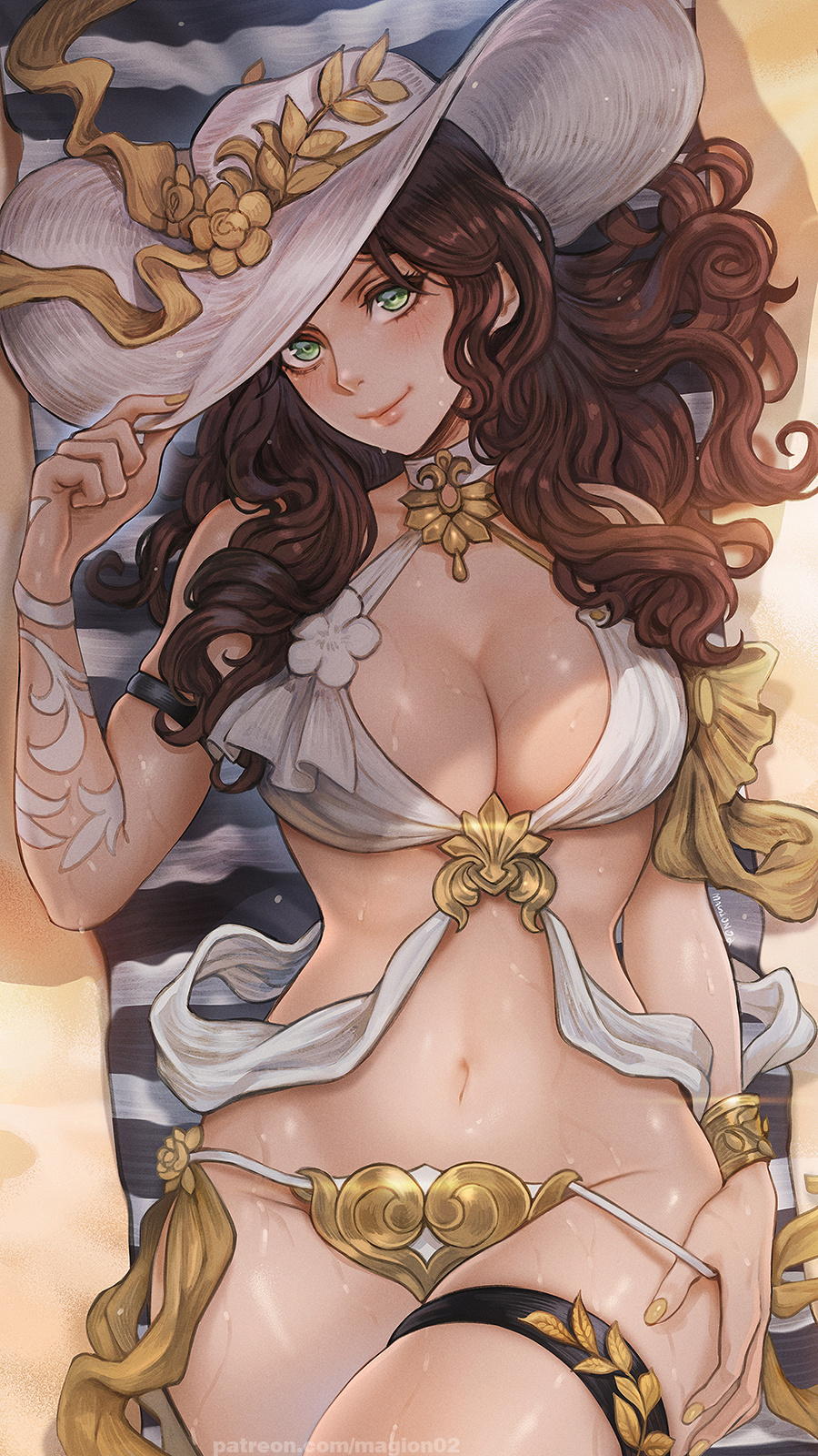 1girl 1girl 1girl alluring alternate_costume beach_towel big_breasts bikini blush breasts brown_hair cleavage closed_mouth dorothea_arnault fire_emblem fire_emblem:_three_houses flower green_eyes hat hat_flower high_res intelligent_systems long_hair lying magion02 navel nintendo on_back sand smile stomach sun_hat swimsuit teasing thigh_strap thighs towel undressing wavy_hair wet white_bikini white_hat yellow_nails