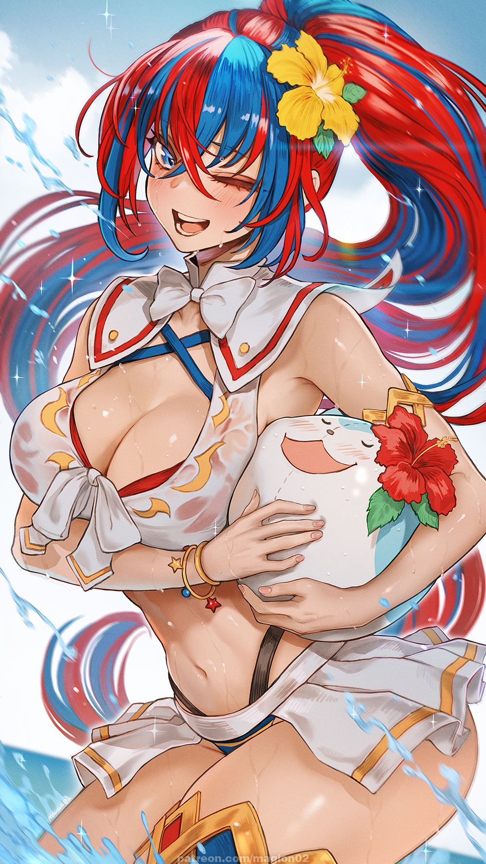 1girl 1girl 1girl ;d alear_(female)_(fire_emblem) alear_(female)_(seaside_dragon)_(fire_emblem) alear_(fire_emblem) alluring alternate_costume alternate_hairstyle ball_(object) bare_shoulders beachball big_breasts bikini blue_bikini blue_eyes blue_hair blue_swimsuit bow bowtie bracelet breasts cleavage female_only fire_emblem fire_emblem_engage fire_emblem_heroes flower hair_flower hair_ornament high_res holding intelligent_systems jewelry looking_at_viewer magion02 multicolored_hair navel nintendo official_alternate_costume official_alternate_hairstyle one_eye_closed open_mouth ponytail red_bikini red_hair red_swimsuit smile sommie_(fire_emblem) stomach streaked_hair swimsuit thighs white_bikini white_bow white_bowtie white_swimsuit yellow_flower