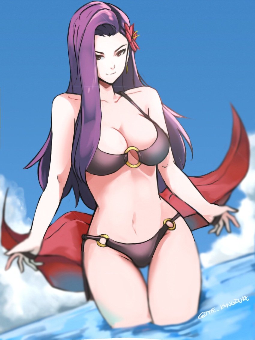 1girl 1girl absurd_res alluring bare_shoulders big_breasts bikini black_bikini blue_sky breasts brown_eyes cleavage closed_mouth cloud day female_focus fire_emblem fire_emblem_echoes:_shadows_of_valentia flower hair_flower hair_ornament high_res intelligent_systems long_hair looking_at_viewer nintendo o-ring o-ring_bikini outside purple_hair sky smile sonya_(fire_emblem_gaiden) standing swimsuit thigh_gap tommy_(kingdukeee) twitter_username wading water