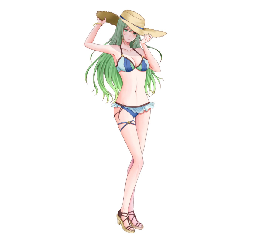 1girl 1girl alluring aplche bikini bracelet breasts cleavage closed_mouth female_focus fire_emblem fire_emblem:_path_of_radiance full_body green_eyes green_hair hands_on_headwear hat high_heel_sandals high_heels high_res intelligent_systems jewelry long_hair nail_polish navel nephenee_(fire_emblem) nintendo sandals simple_background sun_hat swimsuit thigh_strap white_background