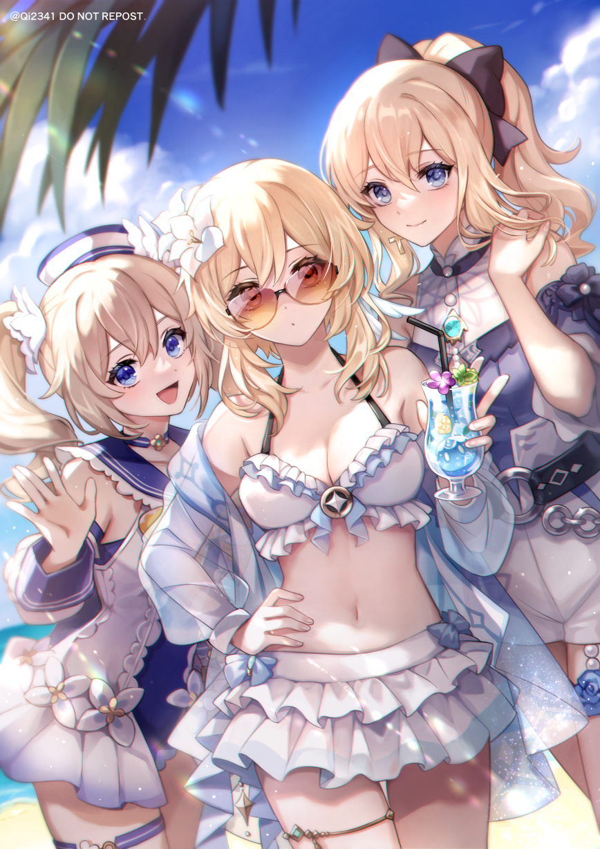 1girl 3_girls alcohol alluring artist_name bangs barbara_(genshin_impact) barbara_(summertime_sparkle)_(genshin_impact) barbara_gunnhildr bare_shoulders beach bikini bikini_skirt bikini_top_only blonde_hair blouse blue_choker blue_eyes blue_one-piece_swimsuit blue_shirt blue_sky blush bow breasts brown-tinted_eyewear choker cleavage closed_mouth commentary cup day drill_hair drinking_glass drinking_straw english_commentary genshin_impact hair_between_eyes hair_ornament hairbow hand_on_hip hat high-waist_shorts high_ponytail high_res jean_gunnhildr jean_gunnhildr_(sea_breeze_dandelion) light_blush looking_at_viewer lumine_(genshin_impact) medium_breasts multiple_girls navel nun official_alternate_costume one-piece_bikini open_mouth outside ponytail qi2341 sailor_hat sand shirt shore short_hair_with_long_locks shorts silf silfs sisters skirt sky smile snowbunny_heaven standing stomach sunglasses swimsuit thigh_strap thighlet thighs tinted_eyewear twin_drills white_headwear white_shorts yellow_eyes