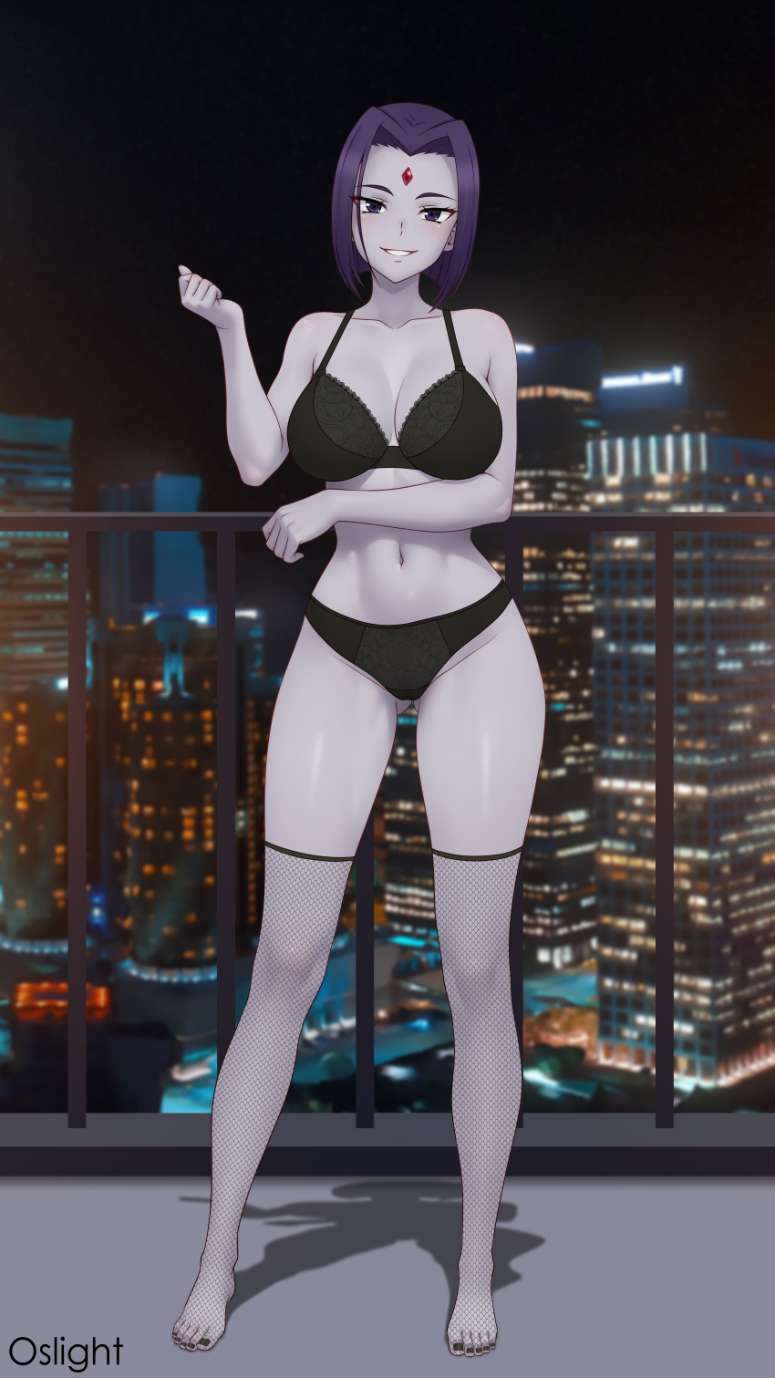 1girl absurd_res animification artist_name black_bra black_nails black_panties bra breasts colored_skin commission dc_comics female fishnet_thighhighs fishnets forehead_jewel full_body gluteal_fold grey_skin high_res lace lace-trimmed_bra lace-trimmed_panties lace_trim looking_at_viewer medium_breasts navel oslight panties purple_eyes purple_hair rachel_roth raven_(dc) shiny_skin short_hair smile solo standing stockings teen_titans thighs toes underwear warner_brothers