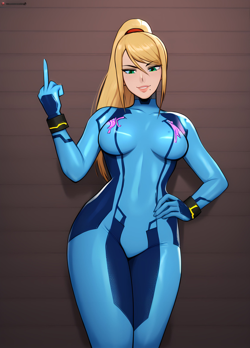 1girl against_wall ai_generated bathhouse bathroom blonde_hair bodysuit brat breasts devilish_grin from_below green_eyes hairtie hentai hourglass_figure leaning_on_wall long_hair looking_down looking_down_at_viewer medium_breasts metroid middle_finger mole_under_mouth nintendo pixel_dream_gen ponytail samus_aran skin_tight taller_girl teasing thick_thighs uncensored