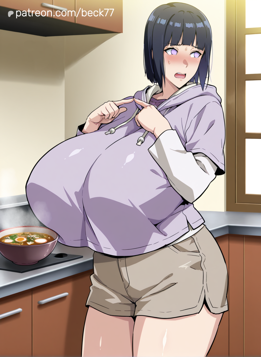 1girl ai_generated alternate_breast_size beck77 blush breasts embarrassed gigantic_breasts hinata_hyuuga light-skinned_female light_skin looking_away naruto naruto_(series) ramen sweat sweatdrop takeda_hiromitsu_(ai_style) thick_thighs thighs