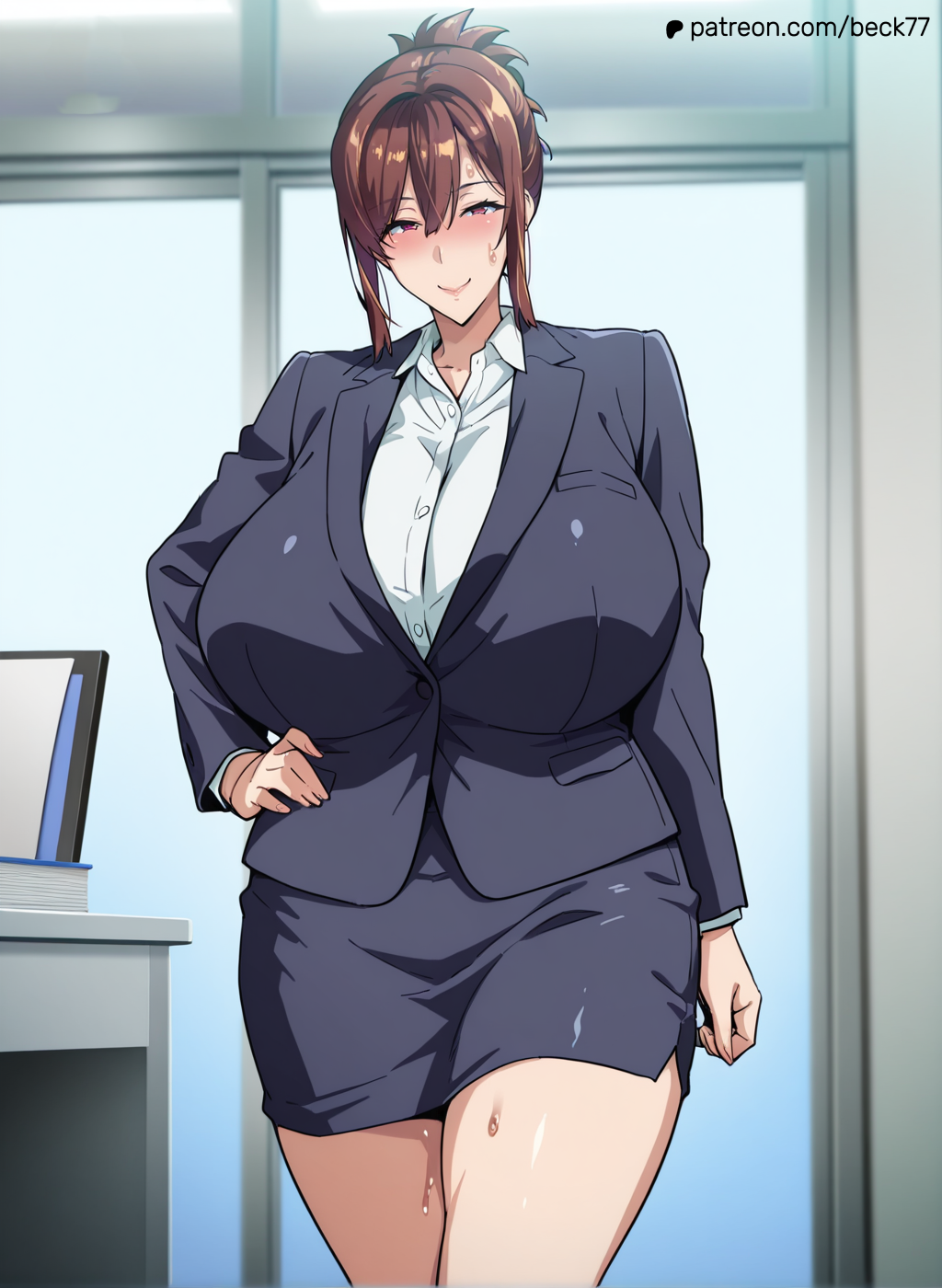 1girl ai_generated azuma_hisato beck77 blush breasts gigantic_breasts grin himawari_wa_yoru_ni_saku light-skinned_female light_skin looking_at_viewer office_lady smile sweat sweatdrop takeda_hiromitsu takeda_hiromitsu_(ai_style) thick_thighs thighs