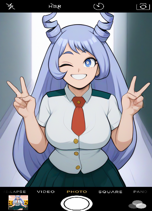 1girl ai_generated big_breasts blue_eyes blue_hair boku_no_hero_academia breasts camera_pov child_bearing_hips facing_viewer fair_skin hentai horns hourglass_figure long_hair looking_at_camera looking_at_viewer my_hero_academia neck_tie nejire_hado one_eye_closed pale peace_sign phone_camera photo pixel_dream_gen pleated_skirt school_uniform short_sleeves skirt thick_thighs u.a._school_uniform uncensored wink