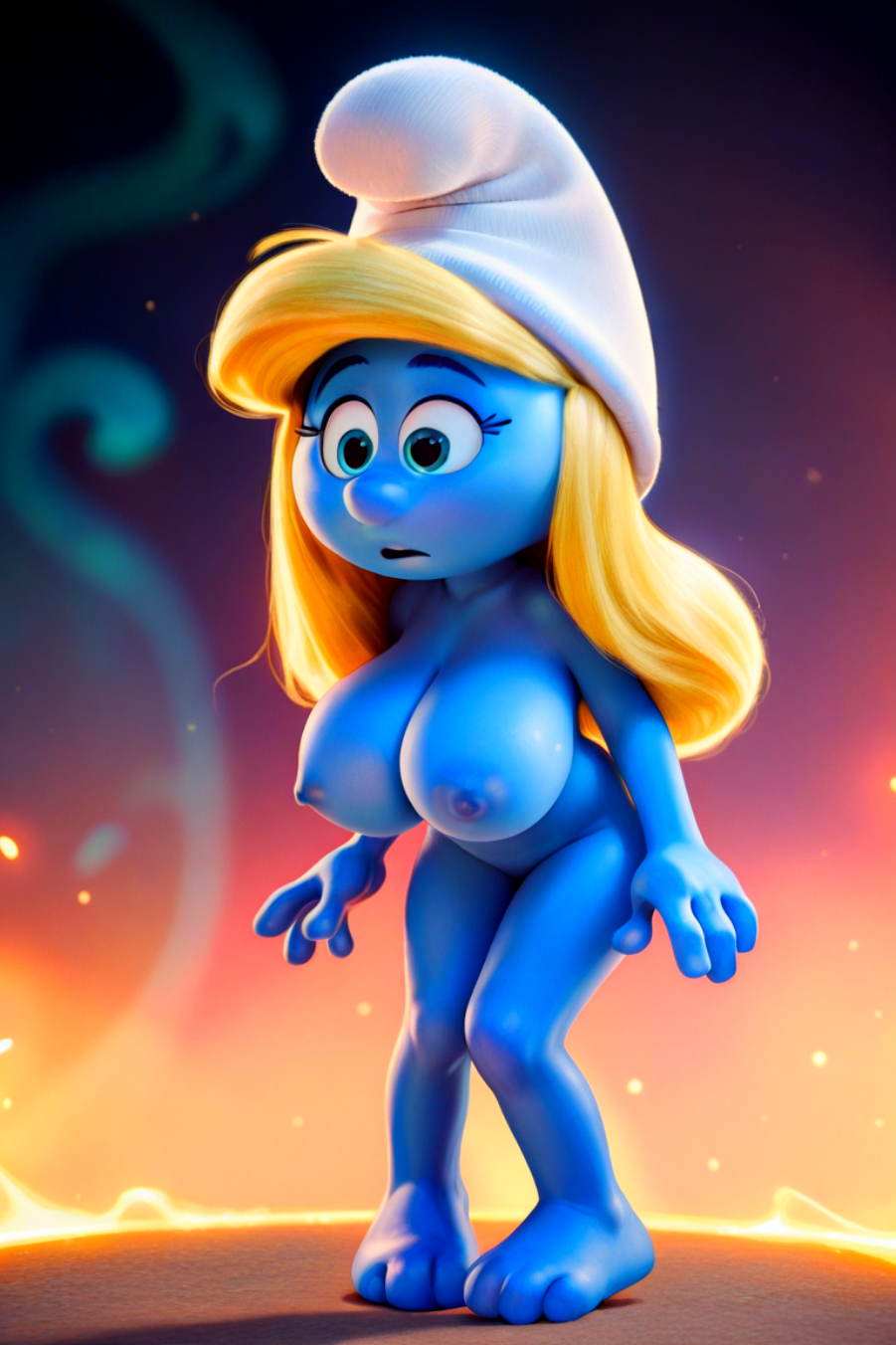 1girl ai_generated blonde_hair blue_skin breasts completely_nude_female female_focus green_eyes hat huge nipples nude nude nude_female shortstack smurfette smurfs standing the_smurfs