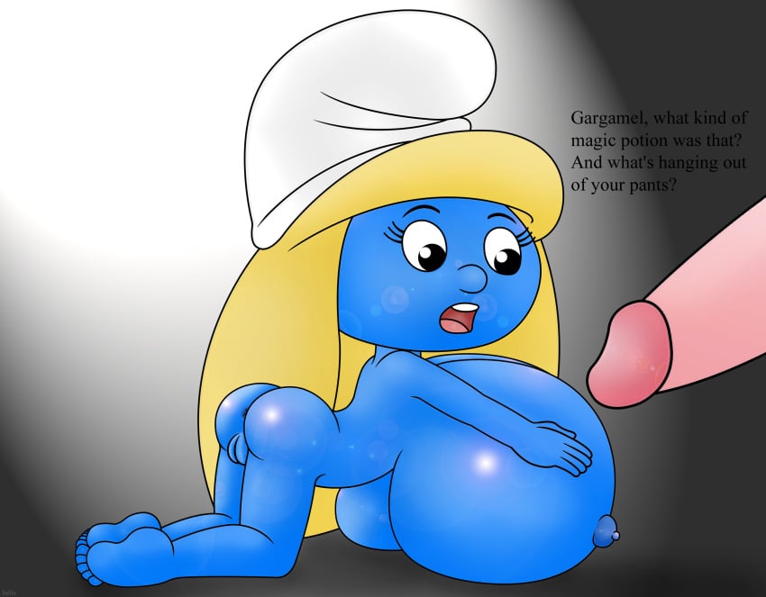1girl alternate_breast_size breasts helix holding_own_breasts licking_own_breast penis smurfette tagme teasing_viewer the_smurfs