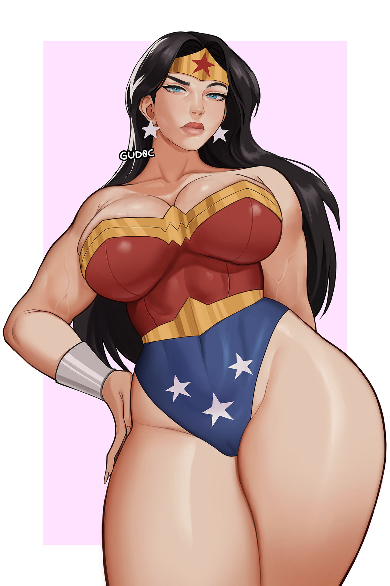 1girl amazon arm_behind_back bangs bare_arms bare_legs bare_shoulders big_breasts black_hair blue_eyes blue_leotard border bracer breasts cleavage closed_mouth collarbone contrapposto dc_comics dcau diana_prince earrings expressionless female_only female_solo gud0c half-closed_eyes hand_on_hip heroine highleg highleg_leotard huge_breasts jewelry justice_league justice_league_unlimited lavender_background legs legs_together leotard lips lipstick long_hair looking_at_viewer makeup mound_of_venus multicolored_clothes multicolored_leotard neck outside_border parted_bangs pink_lipstick red_leotard serious simple_background standing star star_(symbol) star_earrings star_print straight_hair strapless strapless_leotard superhero_costume superheroine themysciran thick_lips thick_thighs thighs tiara two-tone_leotard very_long_hair white_border white_earrings wonder_woman wonder_woman_(series)