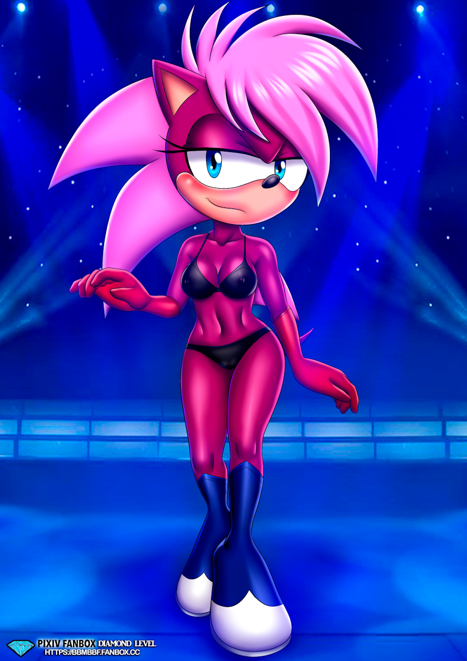 1girl ass bbmbbf bikini black_bikini breasts dic_entertainment female lighting magenta_fur mobius_unleashed palcomix pink_hair seductive showing_off smirk smug solo sonia_the_hedgehog sonic_the_hedgehog_(series) sonic_underground stockings