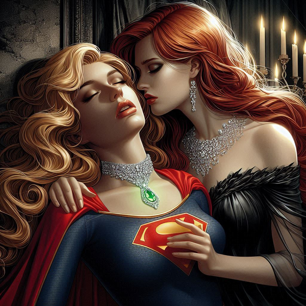 2_girls against_wall arms_at_sides bangs bare_shoulders black_dress blonde_female blonde_hair blue_shirt breasts candle candles cape character_request closed_eyes collarbone couple dc_comics dcau dress duo earrings emerald emerald_(gem) eyeshadow female/female female_only femdom femsub gem gemstone green_gem green_gemstone grey_eyeshadow head_back heroine hugging incipient_kiss indoors jewelry kara_zor-el kryptonian kryptonite lezdom lips lipstick long_hair long_sleeves love makeup medium_breasts multiple_girls mutual_yuri neck necklace off-shoulder_dress off_shoulder open_mouth orange_lipstick red_cape red_hair red_lipstick romantic romantic_couple shadow shirt straight_hair supergirl supergirl_(series) superhero_costume superheroine superman_(series) swept_bangs thesupergirlfan thesupergirlfan_(artist) upper_body villainess vulnerable wavy_hair yuri