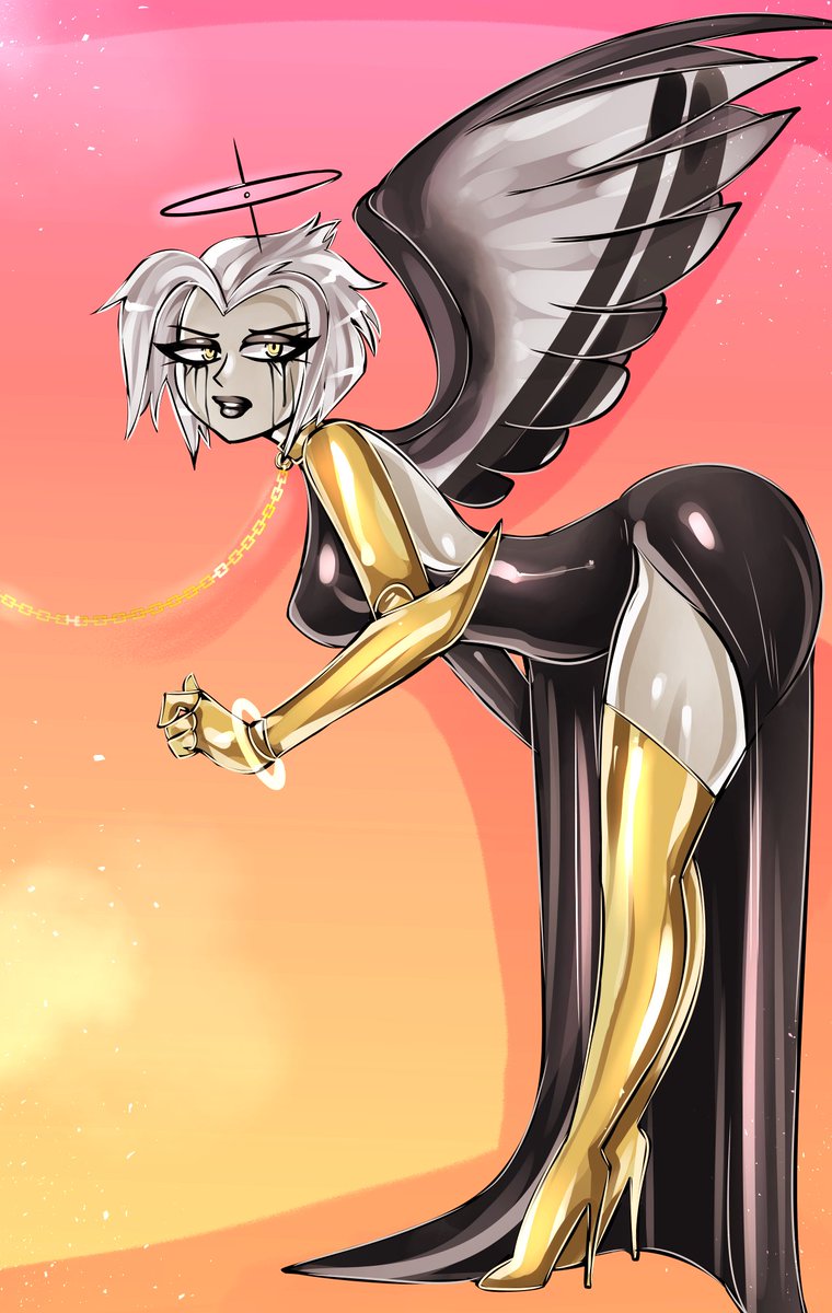 amazon_prime amputee angel angel_girl angel_wings angry_face ass bitterbunz black_dress breasts cartoon chains collar crying crying_with_eyes_open golden_collar golden_heels golden_leash halo hazbin_hotel heel_boots hellaverse leash leggings lute_(hazbin_hotel) makeup makeup_running mascara mascara_tears mechanical_arm metal_arm missing_arm one_arm power_(angel) robotic_arm short_hair twitter vivienne_medrano vivziepop white_body white_hair white_hair_female white_skin wings yellow_eyes yellow_halo