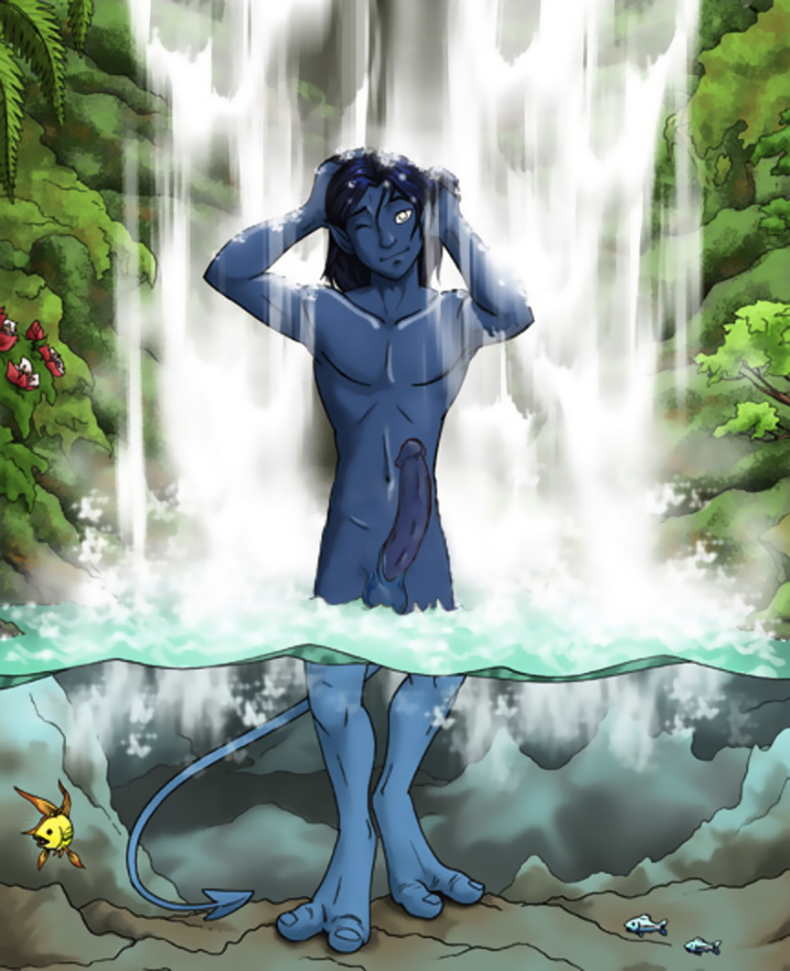 1boy artist_request balls big_penis blue demon erection happy kids_wb kurt_wagner large_penis legs long_hair male male_only marvel marvel_comics mutant nature nightcrawler nipples nude penis pointy_ears purple solo straight_hair superhero tail uncensored water waterfall x-men x-men_evolution yaoi