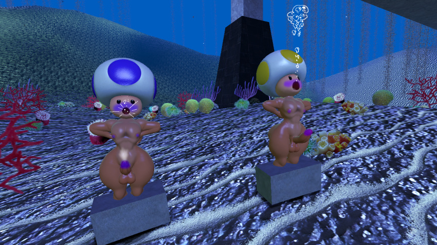 2boys 3d 3d_(artwork) balls big_penis big_thighs black_eyes blue_toad bondage cement_shoes cum curvy drowning half-closed_eyes hands_tied_behind_back humanoid light-skinned_male light_skin male male/male mario_(series) mushroom_humanoid nintendo nipples no_nose nude nude open_mouth penis peril source_filmmaker tailscookie thick thick_hips thick_thighs thighs toad_(mario) underwater wide_hips yellow_toad