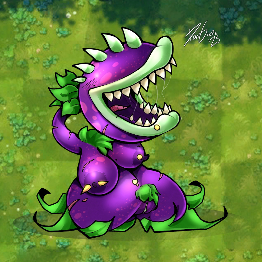 big_breasts carnivorous_plant chomper_(pvz) colored_skin dgrex2n erect_nipples fangs grass ground leaf long_tongue nipple_piercing nipples plant plant_girl plants_vs_zombies pubic_hair purple_body purple_nipples purple_skin pussy_juice pussy_juice_drip saliva saliva_string saliva_trail signature teeth tongue