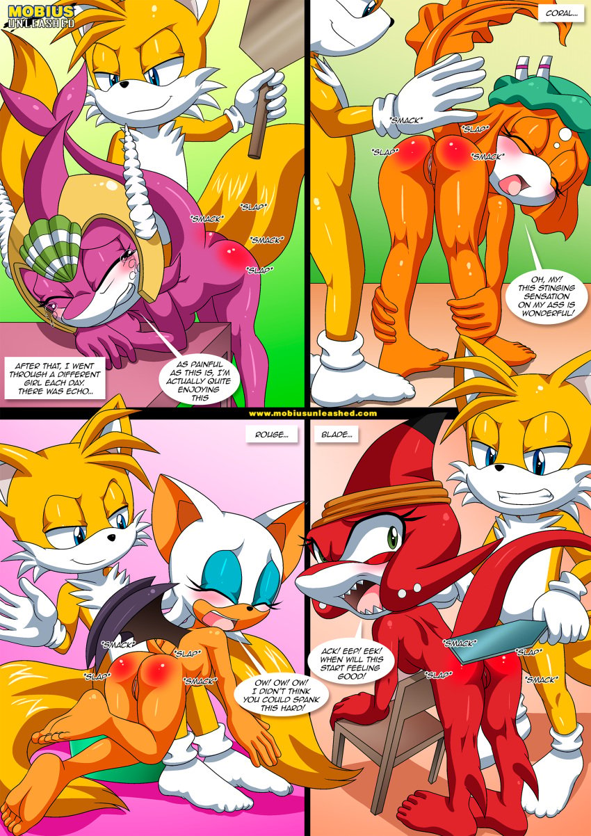 1boy 4girls anthro anthro_female anthro_only ass barefoot bbmbbf blade_the_shark blush breasts comic coral_the_betta crying echo_the_dolphin feet furry furry_female furry_only male male/female miles_"tails"_prower miles_tails_prower mobian_(species) mobius_unleashed nude palcomix pussy rouge_the_bat sega sonic's_guide_to_spanking_2_(comic) sonic_the_hedgehog_(series) tails tails_the_fox tears