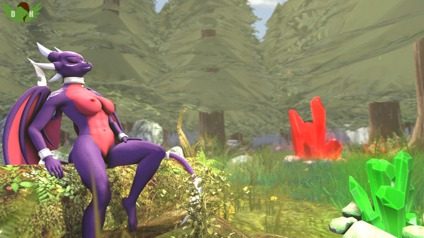 1girl 3d 3d_(artwork) activision anthro breasts casual casual_nudity closed_eyes crystal cynder deltahooves dragon dragoness female forest grass nexgen nude pussy resting sitting solo source_filmmaker spyro_the_dragon the_legend_of_spyro tree
