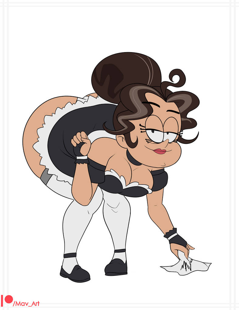 bent_over brown_hair fingerless_gloves gloves grin looking_at_viewer maid nickelodeon panties pantyshot shortstack skirt smile stockings the_loud_house upskirt white_panties