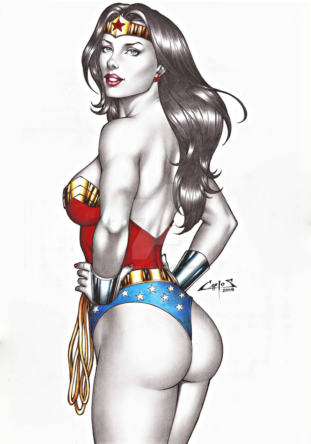 1girl amazon ass bangs bare_arms bare_legs bare_shoulders big_ass black_hair blue_eyes blue_leotard bracer breasts carlos_braga dc_comics dcau diana_prince earrings female_only female_solo from_behind grin hands_on_hips heroine jewelry justice_league justice_league_unlimited lasso_of_truth legs legs_together leotard lips lipstick long_hair looking_at_viewer looking_back makeup medium_breasts multicolored_clothes multicolored_leotard nail_polish naughty_face neck parted_bangs parted_lips red_earrings red_leotard red_lipstick red_nails sideboob simple_background smile standing star star_(symbol) star_earrings star_print straight_hair strapless strapless_leotard superhero_costume superheroine themysciran thighs tiara two-tone_leotard white_background wonder_woman wonder_woman_(series)