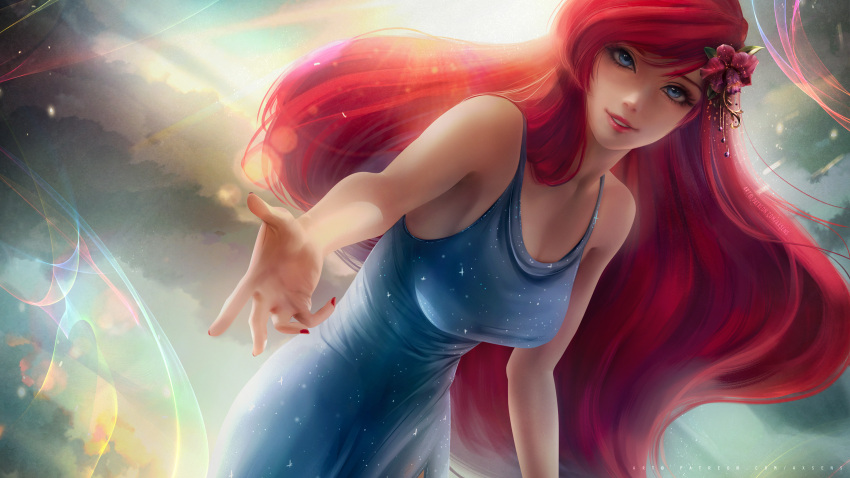 1girl alternate_costume axsens bangs bare_arms bare_shoulders blue_dress blue_eyes breasts cloud collarbone day disney disney_princess dress female_only female_solo flower from_below grin hair_flower hair_ornament leaning leaning_forward lens_flare lips lipstick long_dress long_hair looking_at_viewer looking_down makeup medium_breasts nail_polish neck outside parted_lips pink_flower pink_lipstick princess princess_ariel red_hair red_nails sky sleeveless sleeveless_dress smile standing straight_hair sun swept_bangs the_little_mermaid the_little_mermaid_(1989_film) very_long_hair