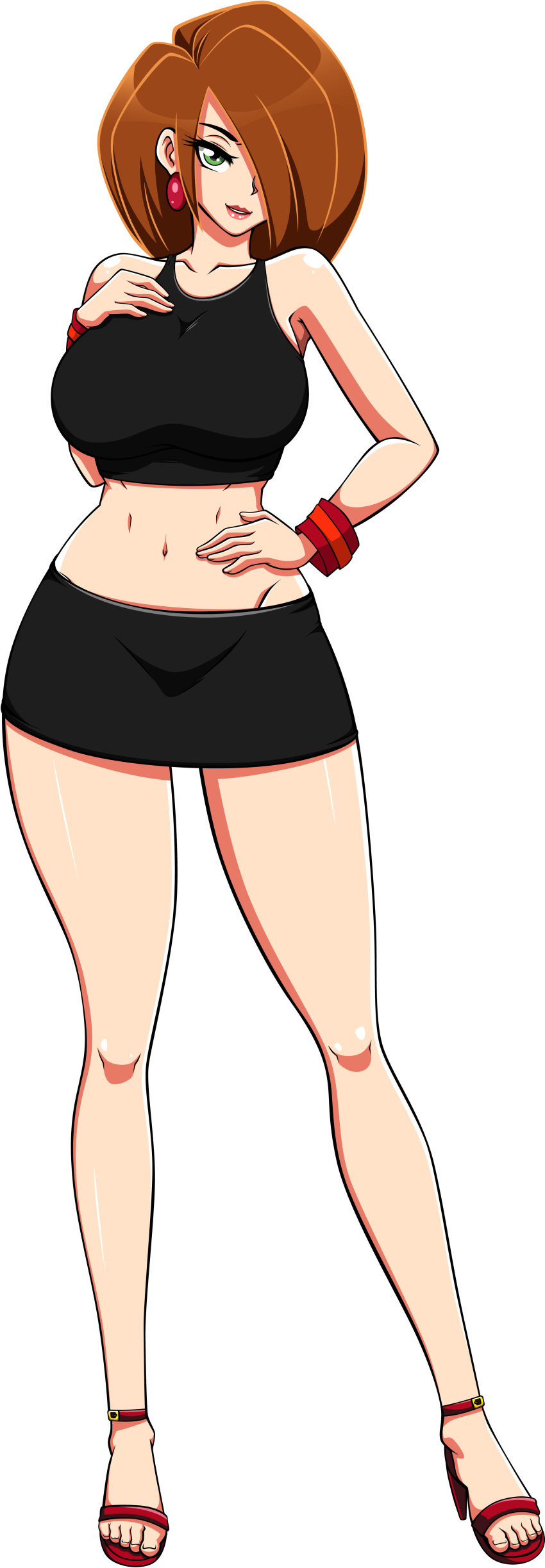 1girl ale-mangekyo ale-mangekyo_(artist) alternate_breast_size alternate_costume bare_arms bare_legs bare_shoulders big_breasts black_skirt black_tank_top bracelet breasts brown_hair collarbone disney earrings eyes_visible_through_hair female_only female_solo footwear full_body green_eyes grin hair_over_one_eye half-closed_eyes hand_on_chest hand_on_hip hand_up head_tilt heroine high_heels huge_breasts jewelry kim_possible kimberly_ann_possible legs lips lipstick long_hair looking_at_viewer makeup midriff miniskirt naughty_face navel neck parted_lips pencil_skirt pink_lipstick red_bracelet red_earrings red_footwear red_high_heels skirt smile standing straight_hair tank_top teenage_girl thighs transparent_background